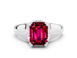 White gold Emerald Cut Garnet Solitaire Ring with Wide Band and Prong Setting