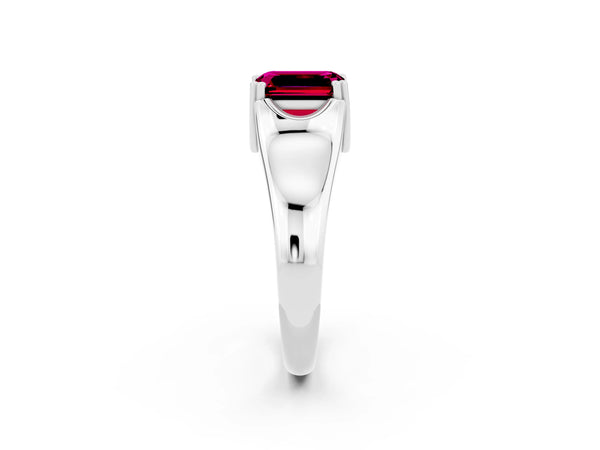 Silver Emerald Cut Garnet Solitaire Ring with Wide Band and Prong Setting