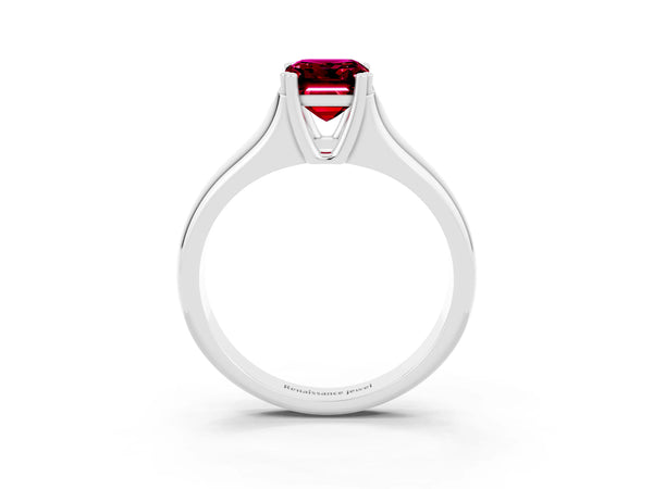 Silver Emerald Cut Garnet Solitaire Ring with Wide Band and Prong Setting
