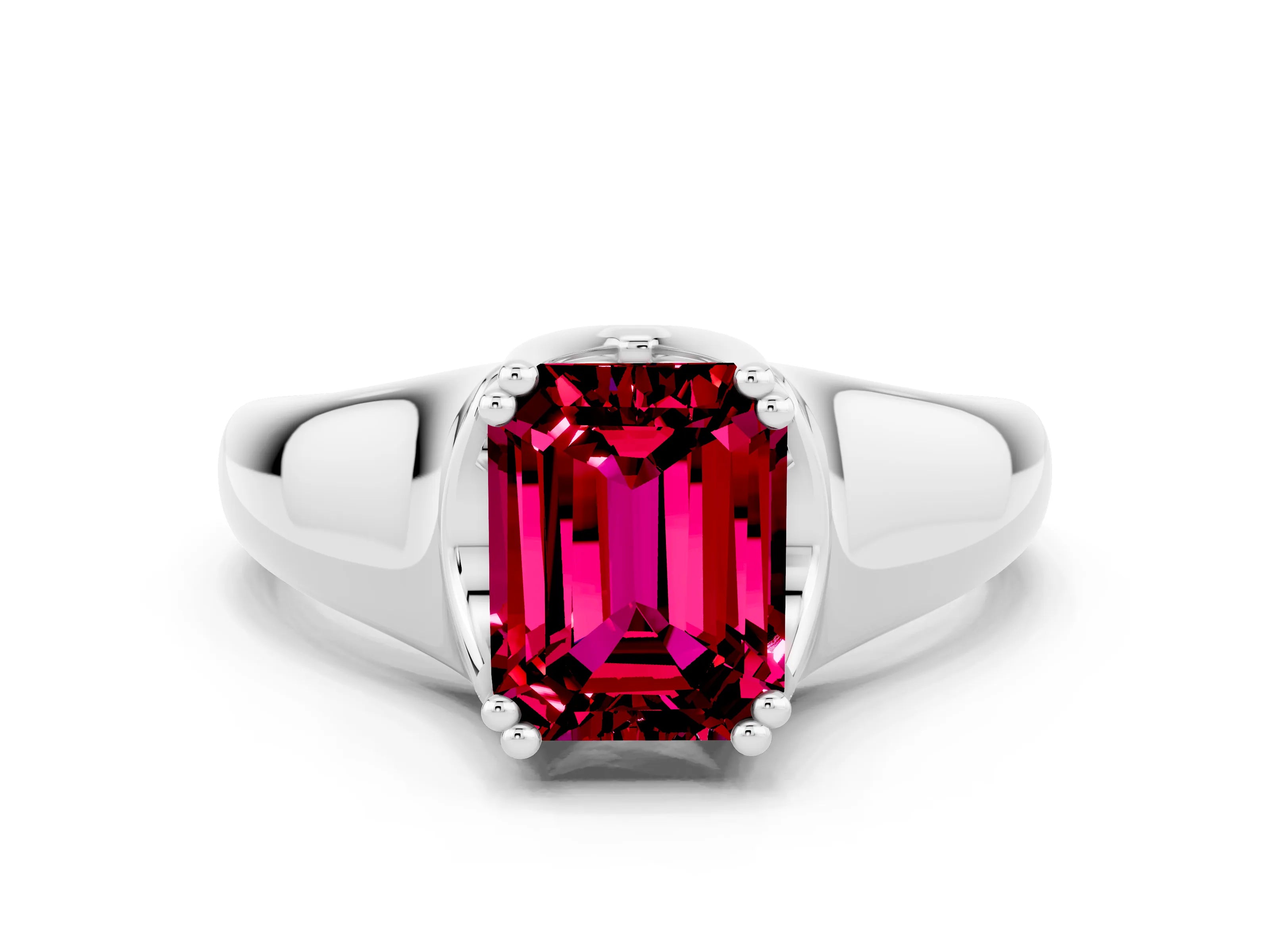 White gold Emerald Cut Garnet Solitaire Ring with Wide Band and Prong Setting