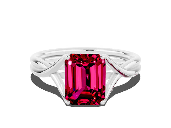 Platinum Emerald Cut Garnet Solitaire Twist Band Prong Setting Ring