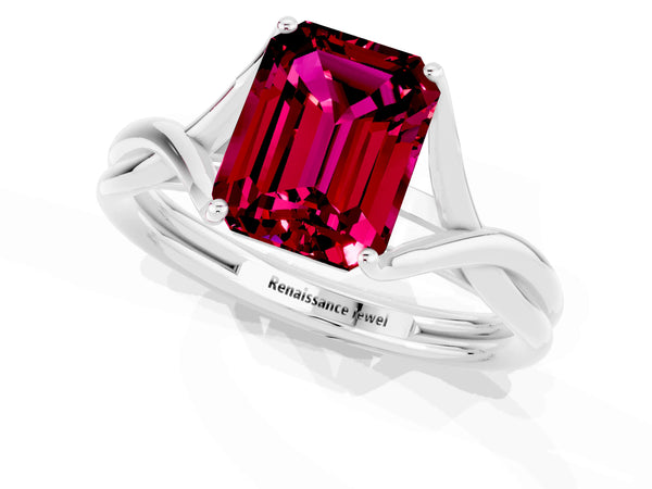 Platinum Emerald Cut Garnet Solitaire Twist Band Prong Setting Ring