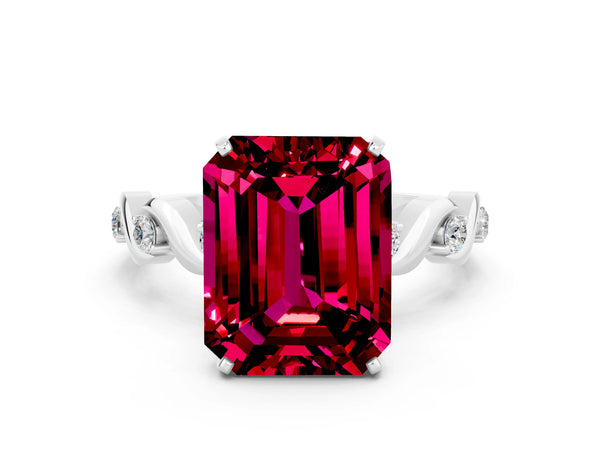 Platinum Emerald Cut Garnet Solitaire Twisted Band with Round  Accents and Prong Setting