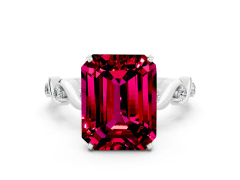 White gold Emerald Cut Garnet Solitaire Twisted Band with Round  Accents and Prong Setting_25