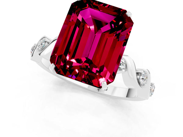 Silver Emerald Cut Garnet Solitaire Twisted Band with Round  Accents and Prong Setting