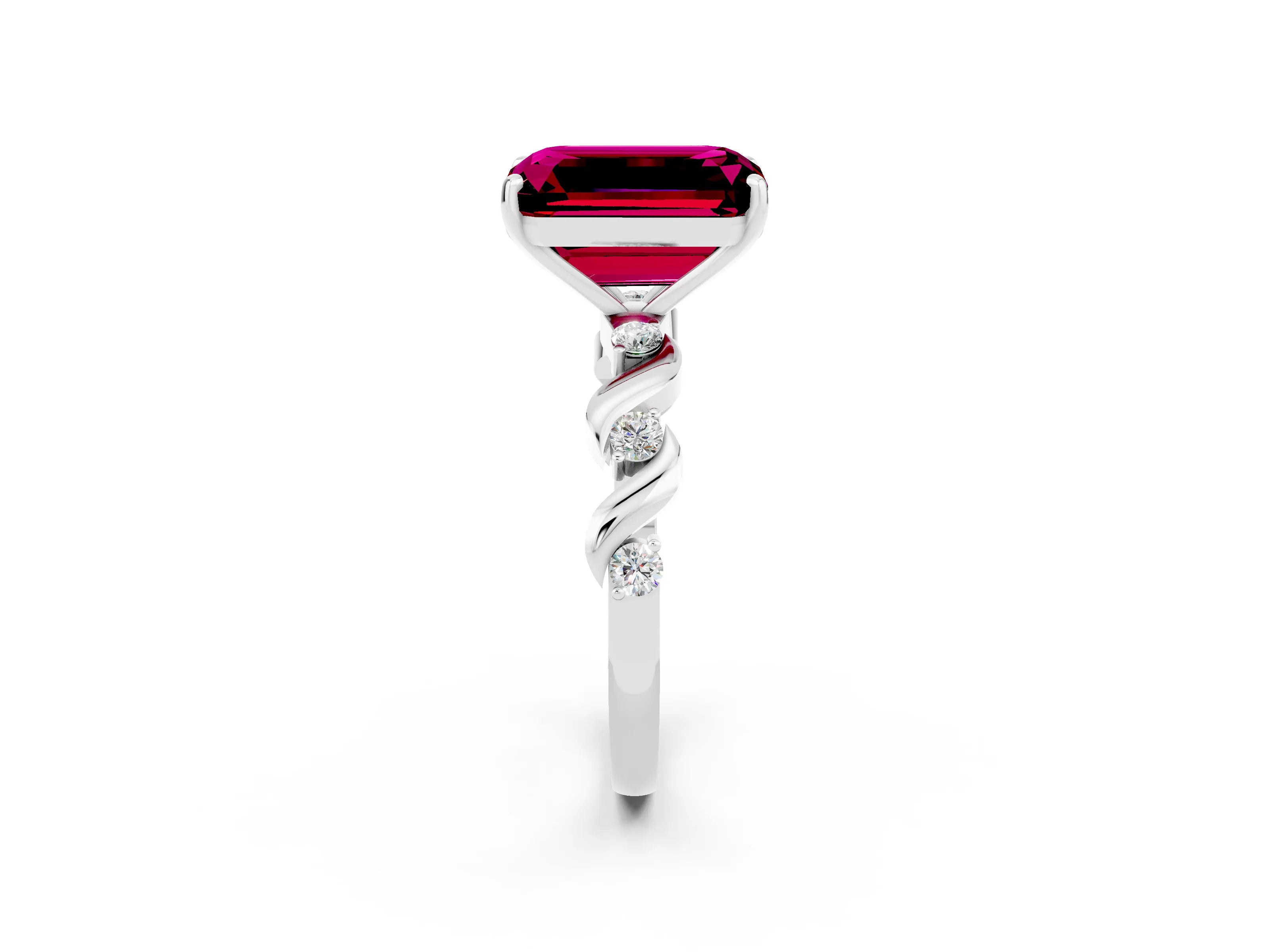 White gold Emerald Cut Garnet Solitaire Twisted Band with Round  Accents and Prong Setting_26