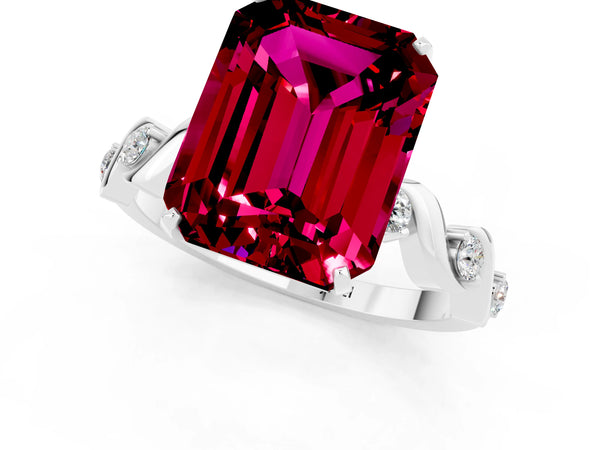 White gold Emerald Cut Garnet Solitaire Twisted Band with Round  Accents and Prong Setting