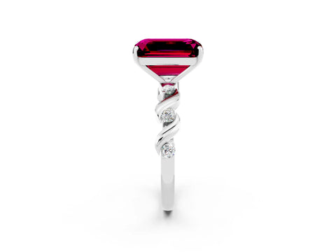 White gold Emerald Cut Garnet Solitaire Twisted Band with Round  Accents and Prong Setting_26