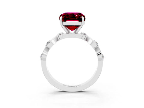 White gold Emerald Cut Garnet Solitaire Twisted Band with Round  Accents and Prong Setting_27