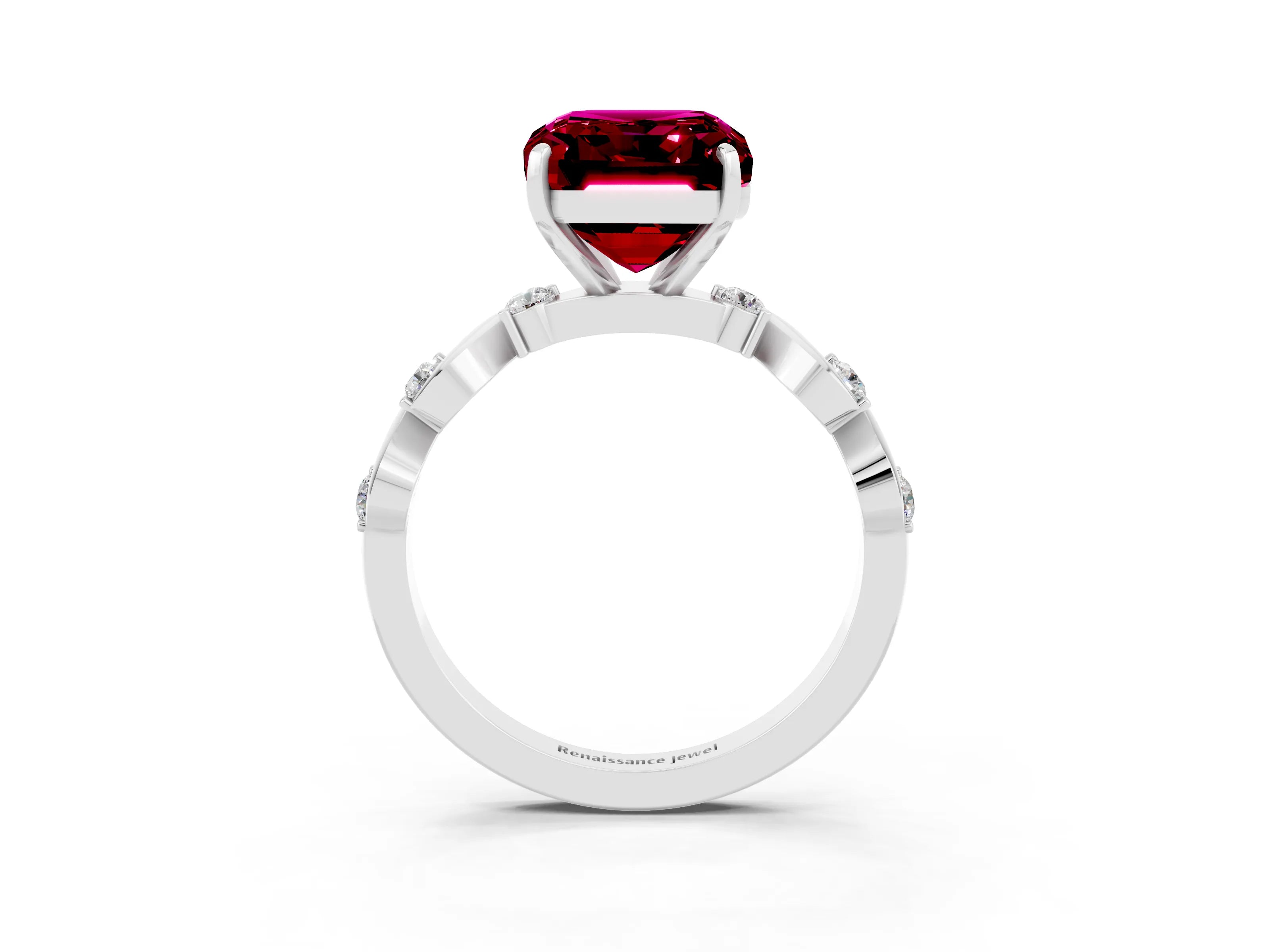 White gold Emerald Cut Garnet Solitaire Twisted Band with Round  Accents and Prong Setting_28