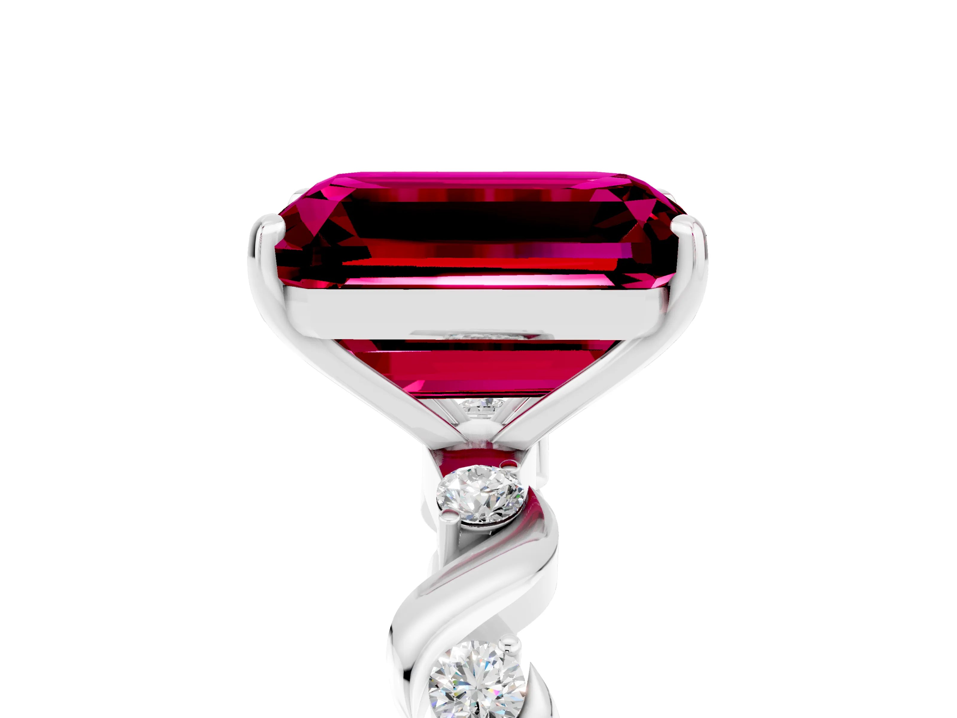 White gold Emerald Cut Garnet Solitaire Twisted Band with Round  Accents and Prong Setting_29