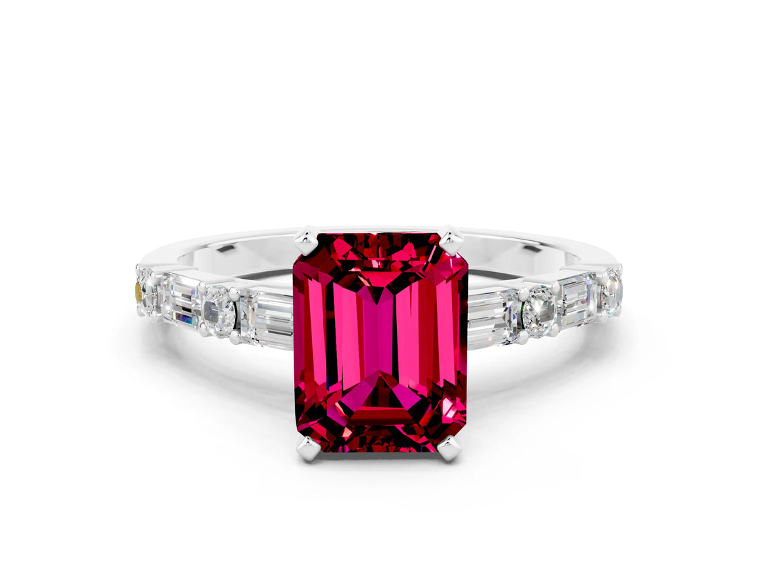 White gold Emerald Cut Garnet Solitaire with Side Baguettes and Channel Set Band