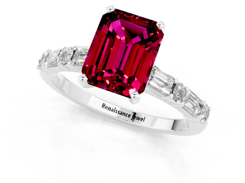 White gold Emerald Cut Garnet Solitaire with Side Baguettes and Channel Set Band_1