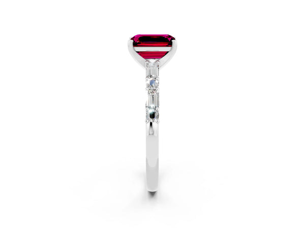 Silver Emerald Cut Garnet Solitaire with Side Baguettes and Channel Set Band