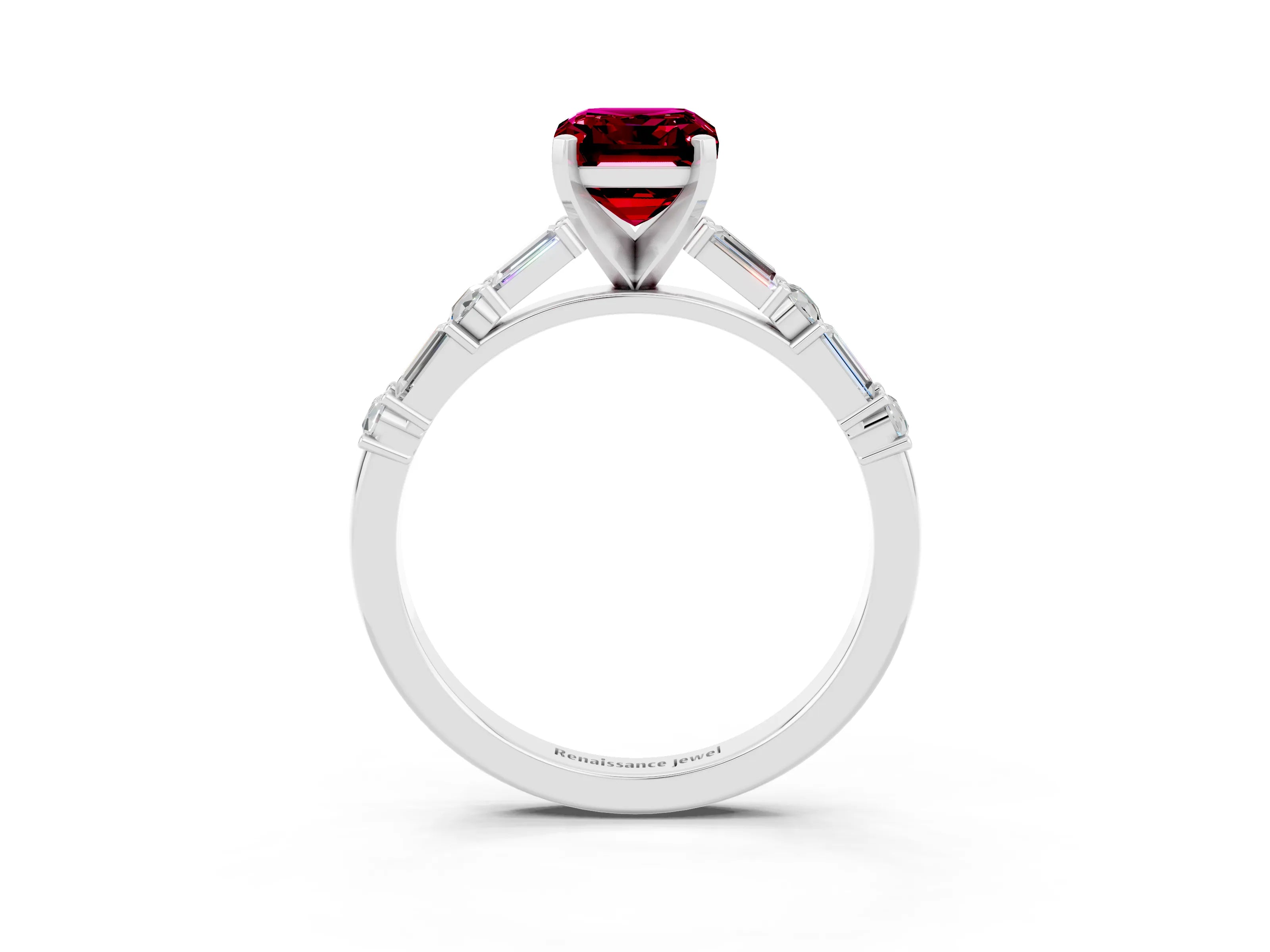 White gold Emerald Cut Garnet Solitaire with Side Baguettes and Channel Set Band_3
