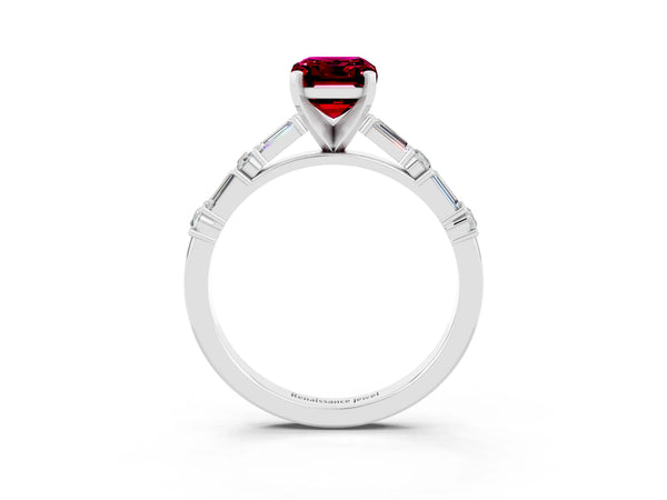 Platinum Emerald Cut Garnet Solitaire with Side Baguettes and Channel Set Band