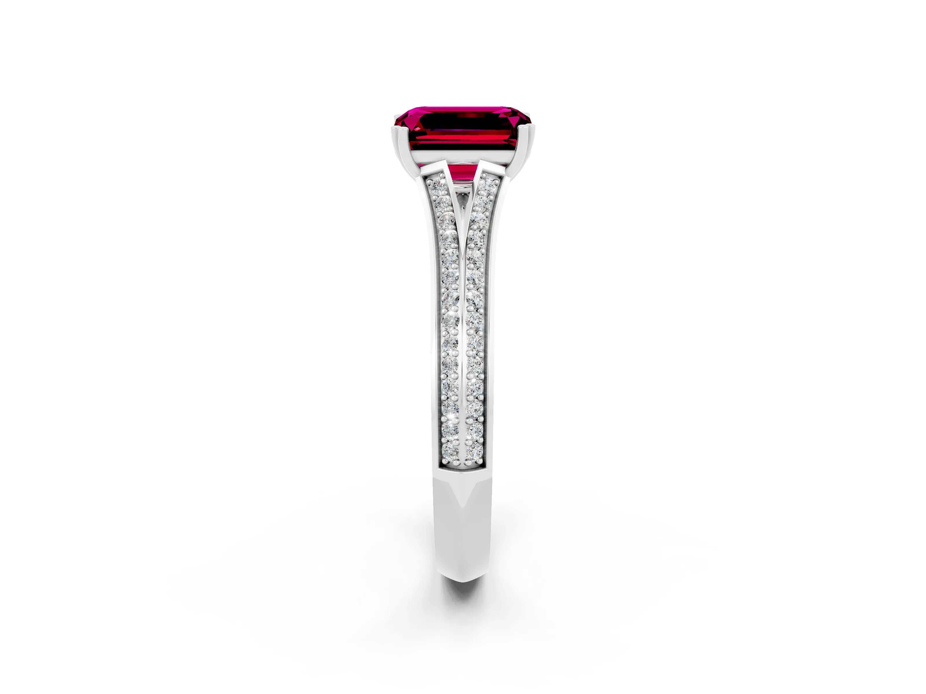 White gold Emerald Cut Garnet Split Shank Engagement Ring with Pavé Band_2