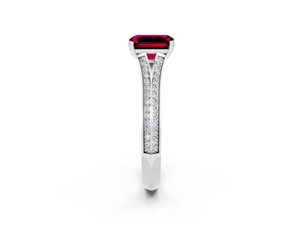 Silver Emerald Cut Garnet Split Shank Engagement Ring with Pavé Band