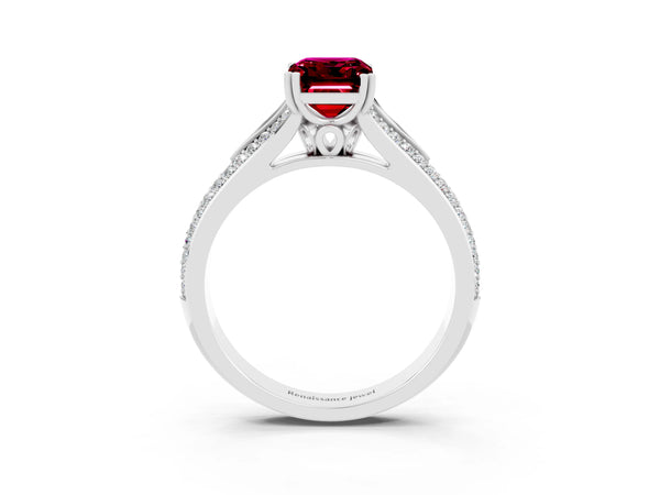 Platinum Emerald Cut Garnet Split Shank Engagement Ring with Pavé Band
