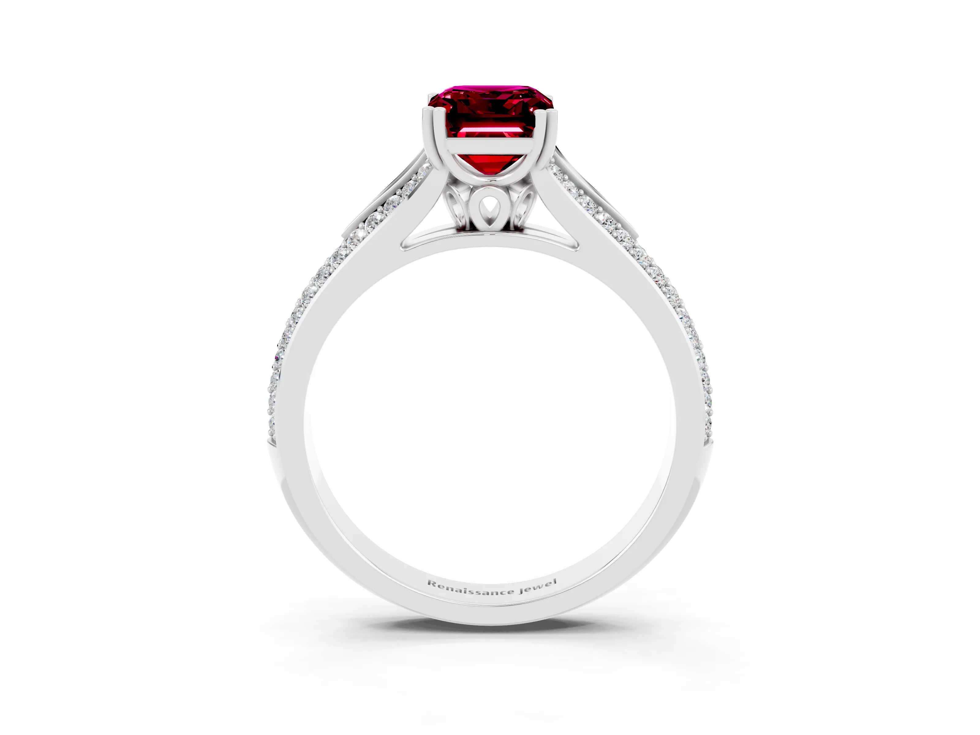 White gold Emerald Cut Garnet Split Shank Engagement Ring with Pavé Band_3