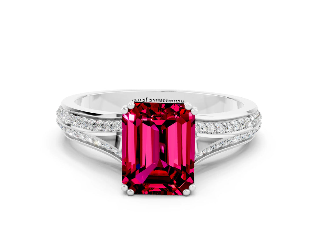 White gold Emerald Cut Garnet Split Shank Engagement Ring with Pavé Band