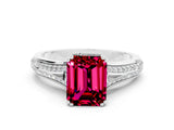 White gold Emerald Cut Garnet Split Shank Engagement Ring with Pavé Band