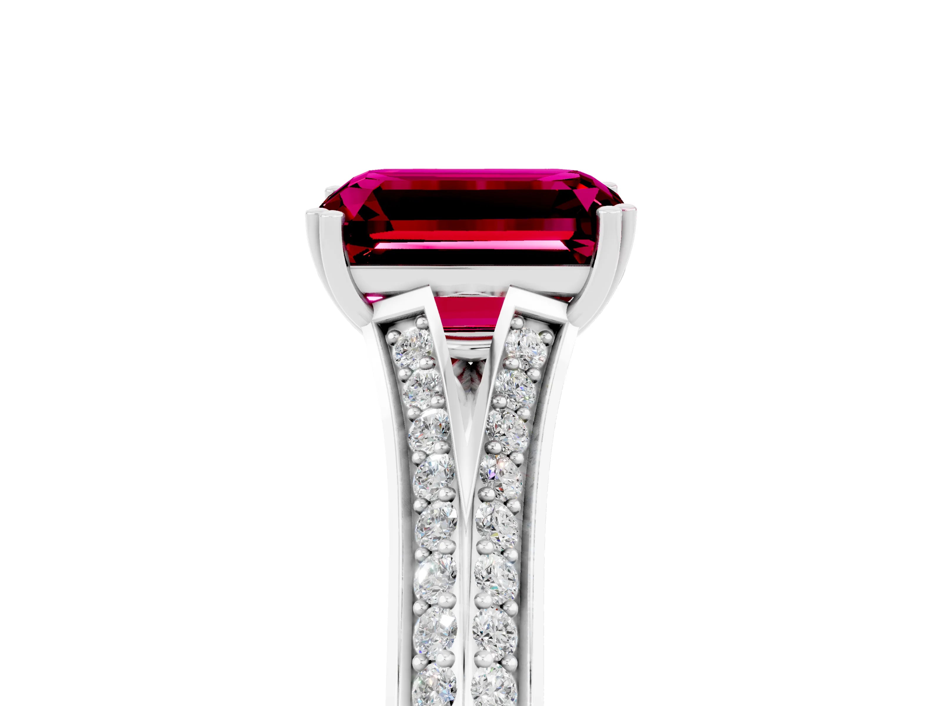 White gold Emerald Cut Garnet Split Shank Engagement Ring with Pavé Band_5