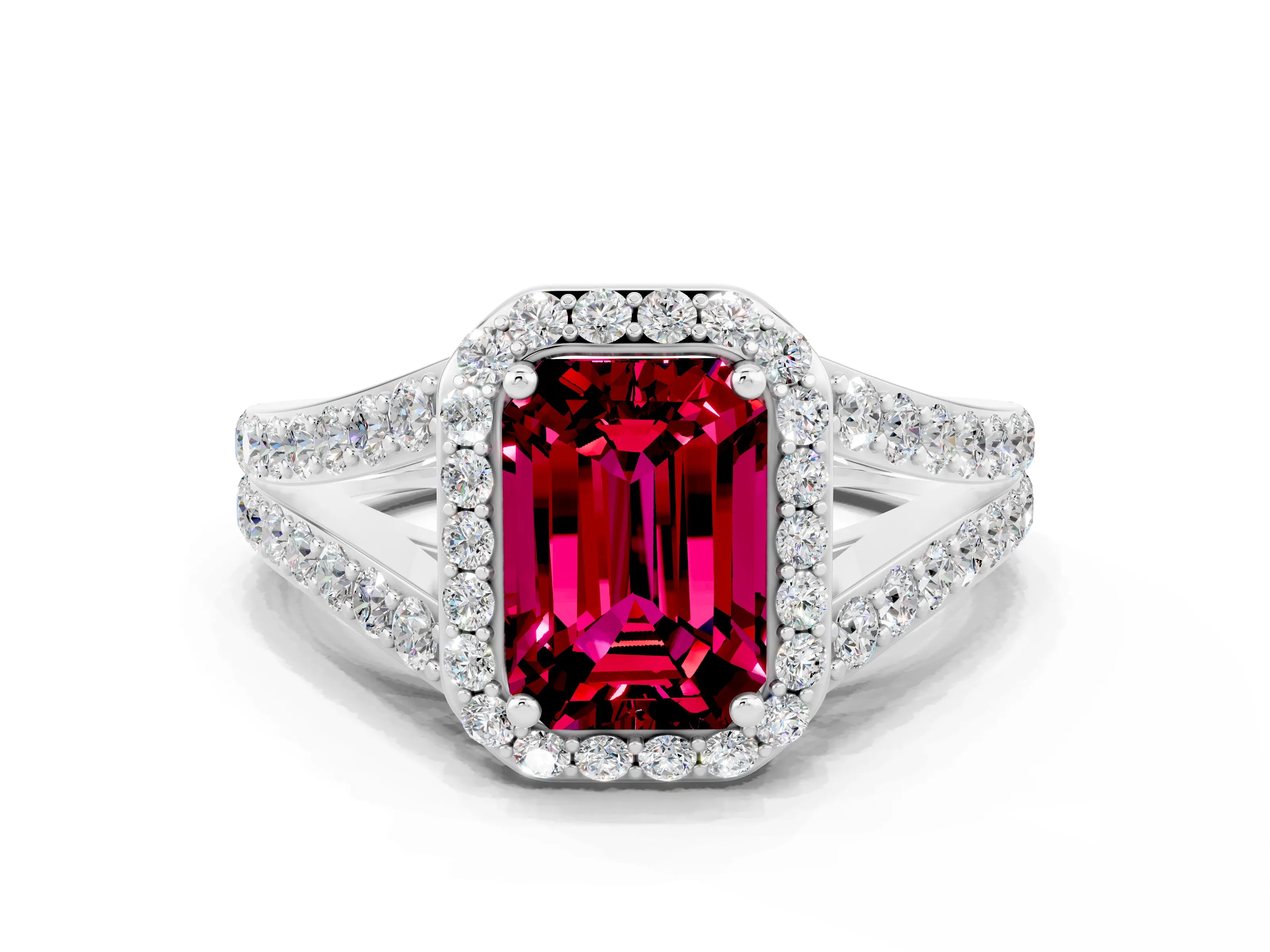 White gold Emerald Cut Garnet Split Shank Halo Ring with Four-Prong Setting_12