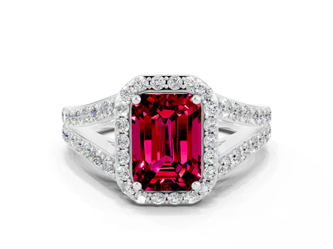 White gold Emerald Cut Garnet Split Shank Halo Ring with Four-Prong Setting_12