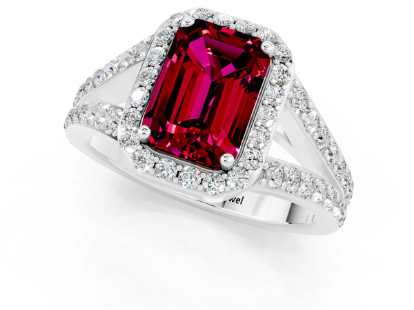 Silver Emerald Cut Garnet Split Shank Halo Ring with Four-Prong Setting