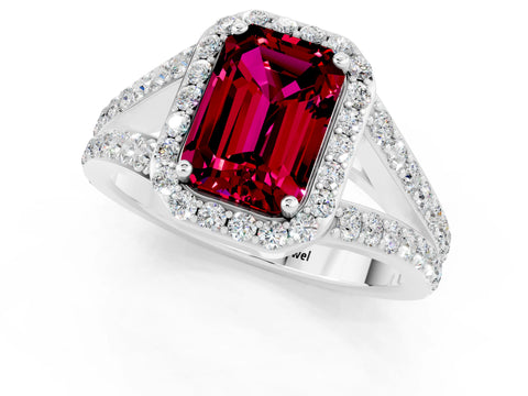 White gold Emerald Cut Garnet Split Shank Halo Ring with Four-Prong Setting_13