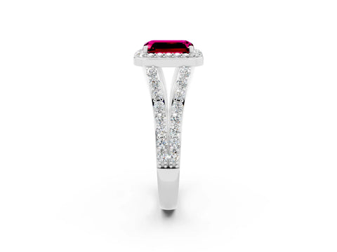 White gold Emerald Cut Garnet Split Shank Halo Ring with Four-Prong Setting_14