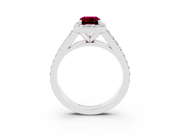 Silver Emerald Cut Garnet Split Shank Halo Ring with Four-Prong Setting