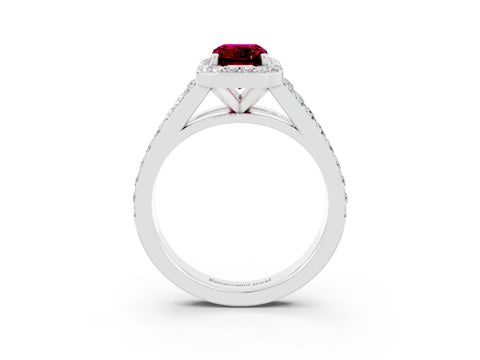 White gold Emerald Cut Garnet Split Shank Halo Ring with Four-Prong Setting_15