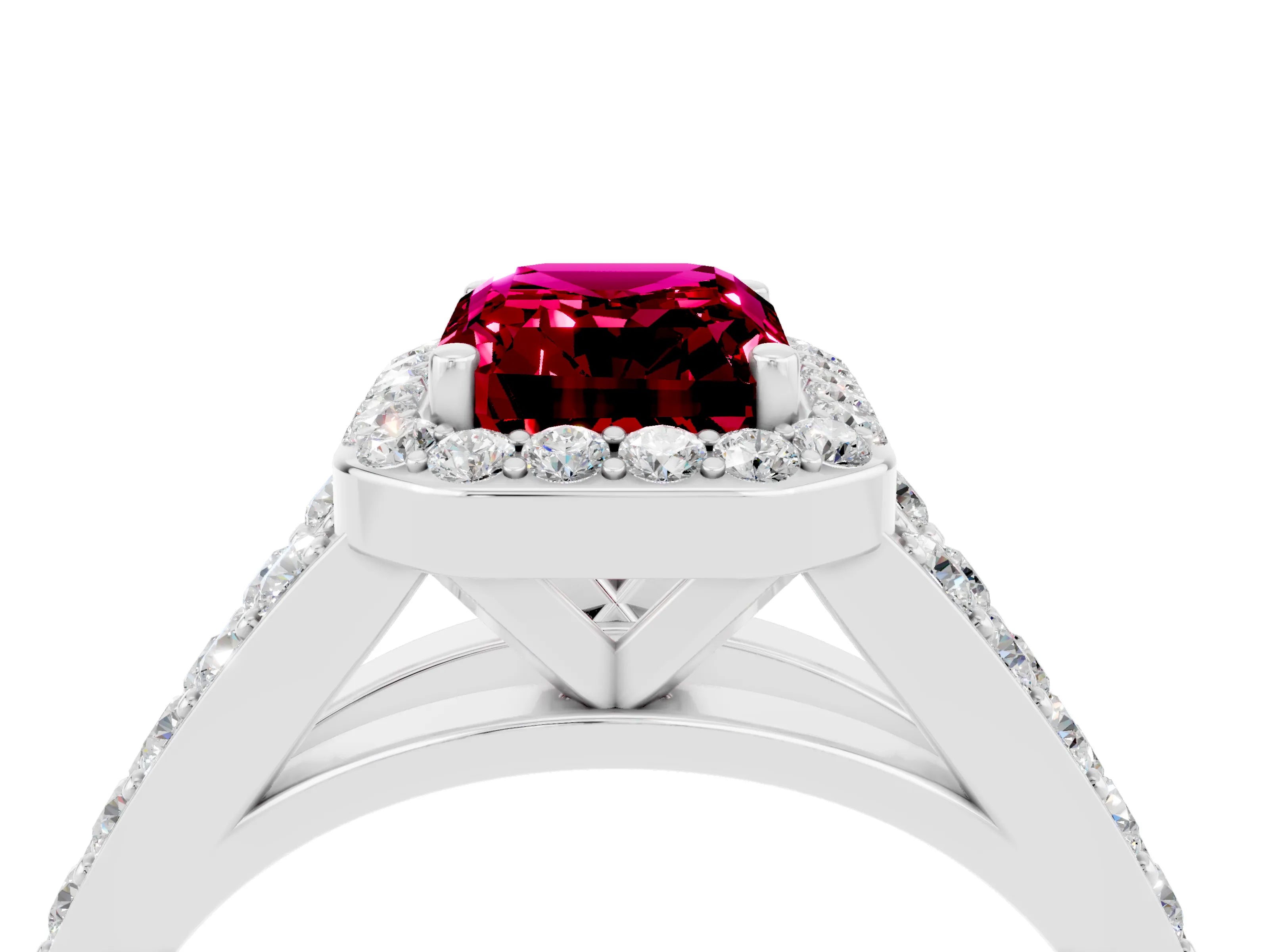 White gold Emerald Cut Garnet Split Shank Halo Ring with Four-Prong Setting_16