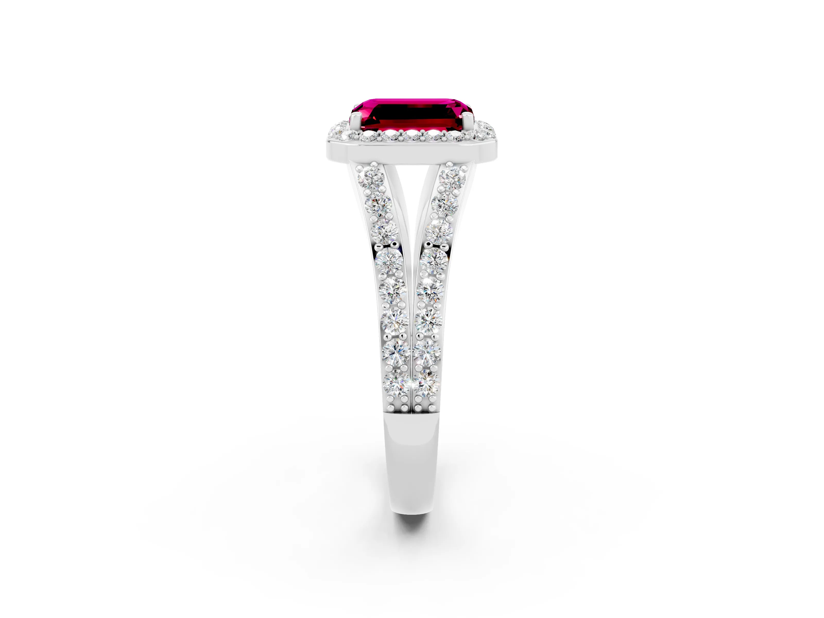 White gold Emerald Cut Garnet Split Shank Halo Ring with Four-Prong Setting_26