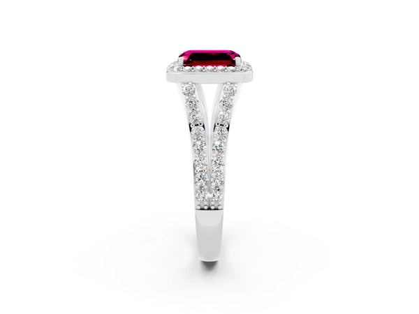 White gold Emerald Cut Garnet Split Shank Halo Ring with Four-Prong Setting