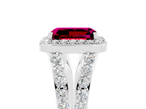White gold Emerald Cut Garnet Split Shank Halo Ring with Four-Prong Setting_29