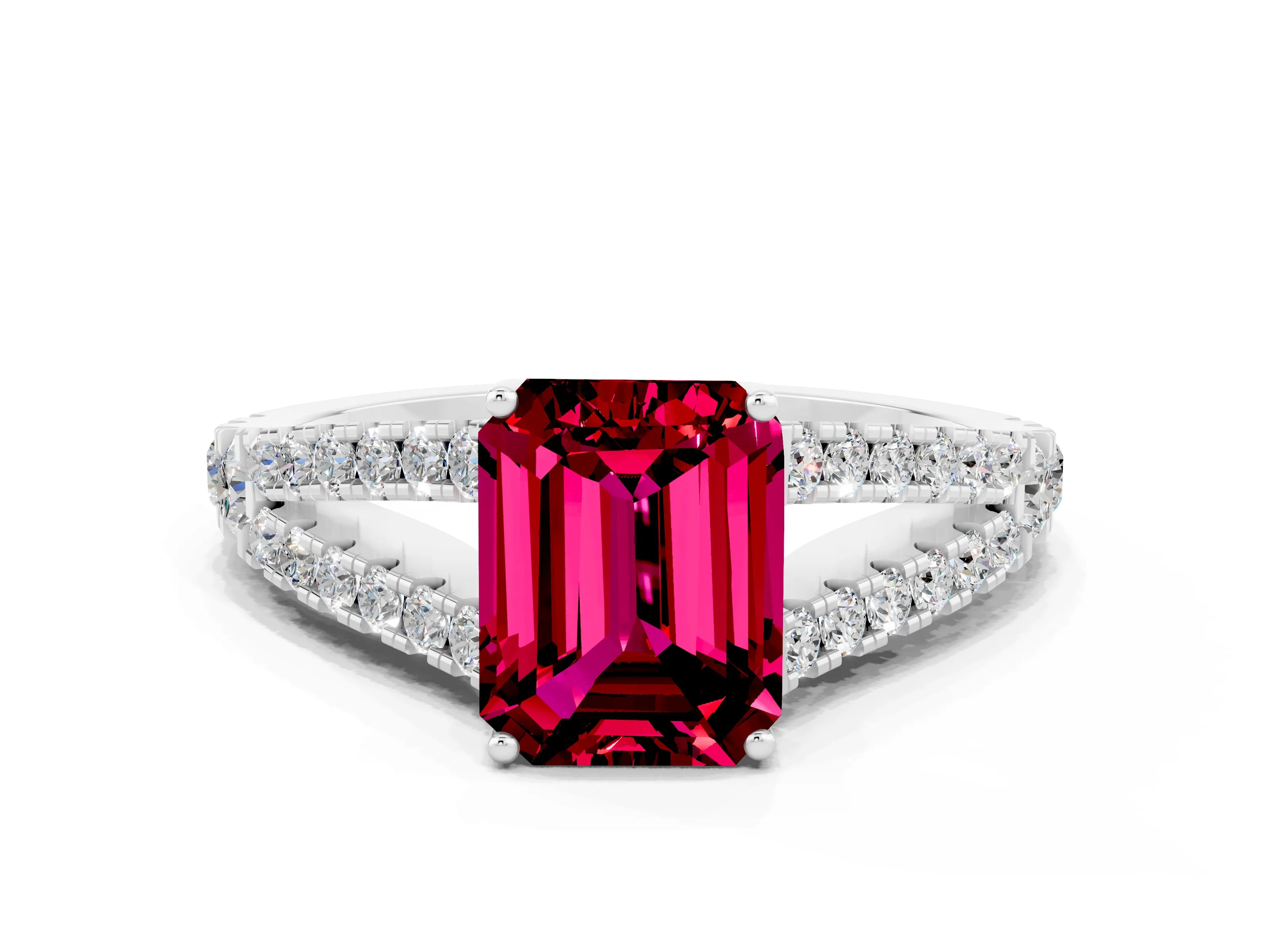 White gold Emerald Cut Garnet Split Shank Pavé Engagement Ring with Four-Prong Setting_12