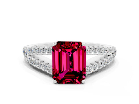 White gold Emerald Cut Garnet Split Shank Pavé Engagement Ring with Four-Prong Setting_12