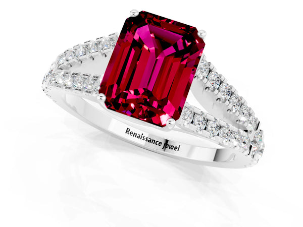 Silver Emerald Cut Garnet Split Shank Pavé Engagement Ring with Four-Prong Setting