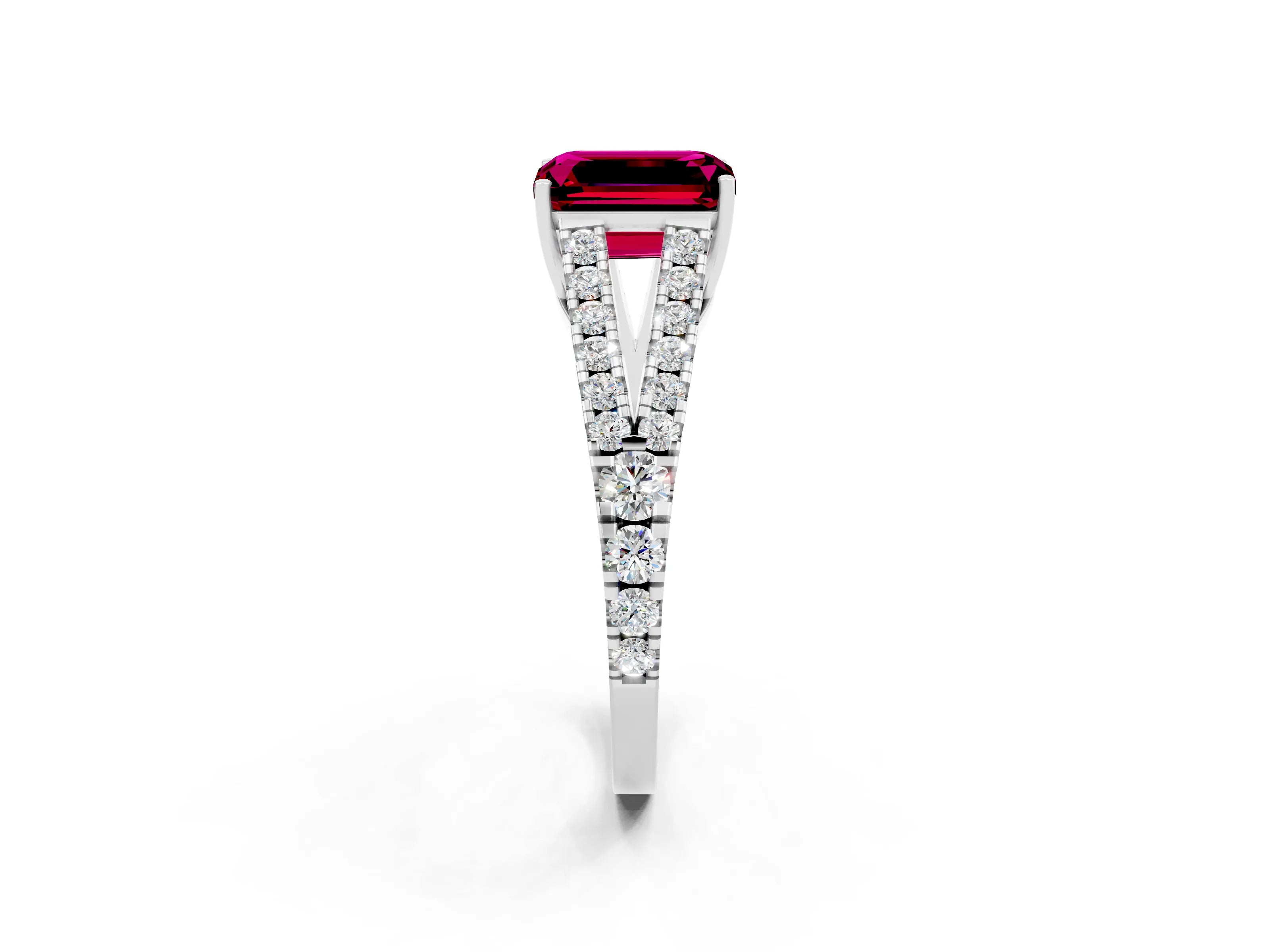 White gold Emerald Cut Garnet Split Shank Pavé Engagement Ring with Four-Prong Setting_14