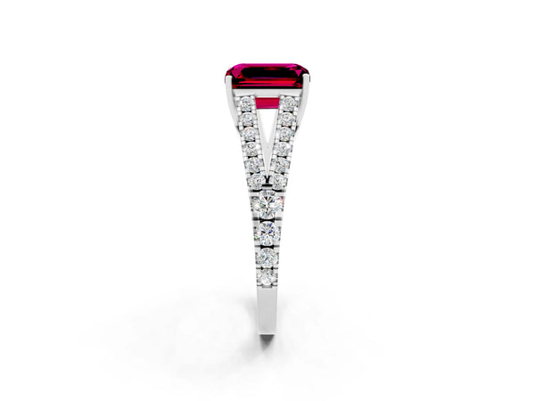 White gold Emerald Cut Garnet Split Shank Pavé Engagement Ring with Four-Prong Setting
