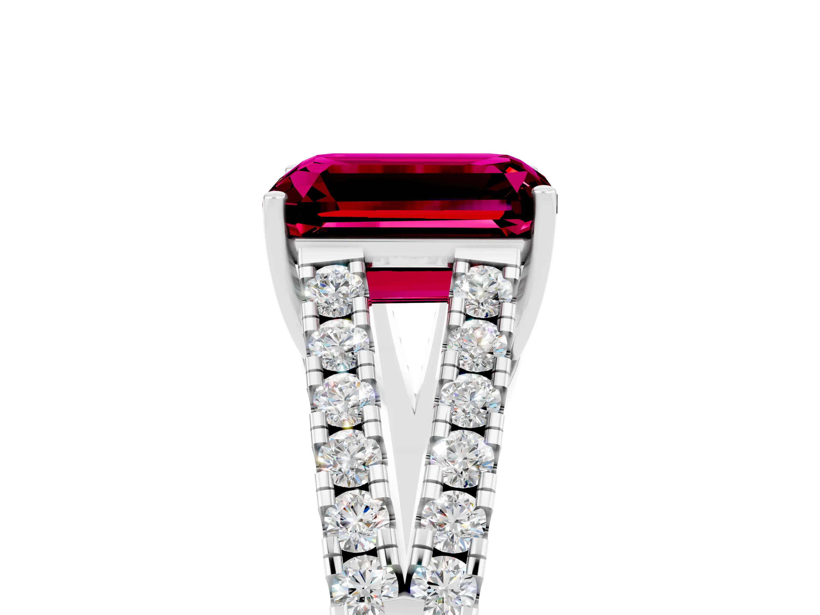 White gold Emerald Cut Garnet Split Shank Pavé Engagement Ring with Four-Prong Setting_17