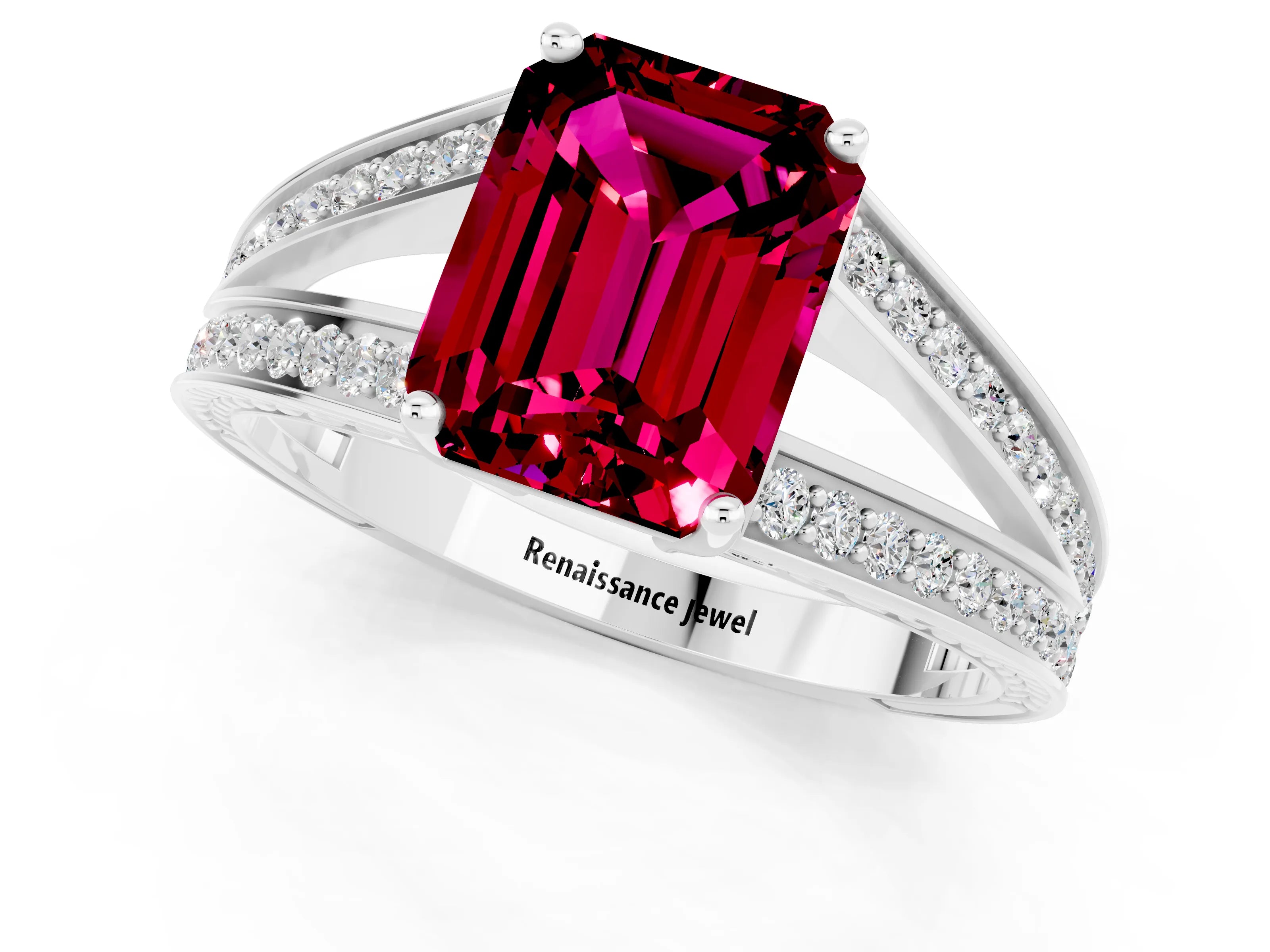 White gold Emerald Cut Garnet Split Shank Ring with Pavé Band and Four-Prong Setting_1