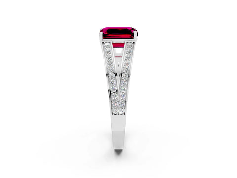White gold Emerald Cut Garnet Split Shank Ring with Pavé Band and Four-Prong Setting_2