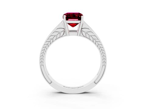 White gold Emerald Cut Garnet Split Shank Ring with Pavé Band and Four-Prong Setting_3