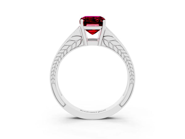Silver Emerald Cut Garnet Split Shank Ring with Pavé Band and Four-Prong Setting