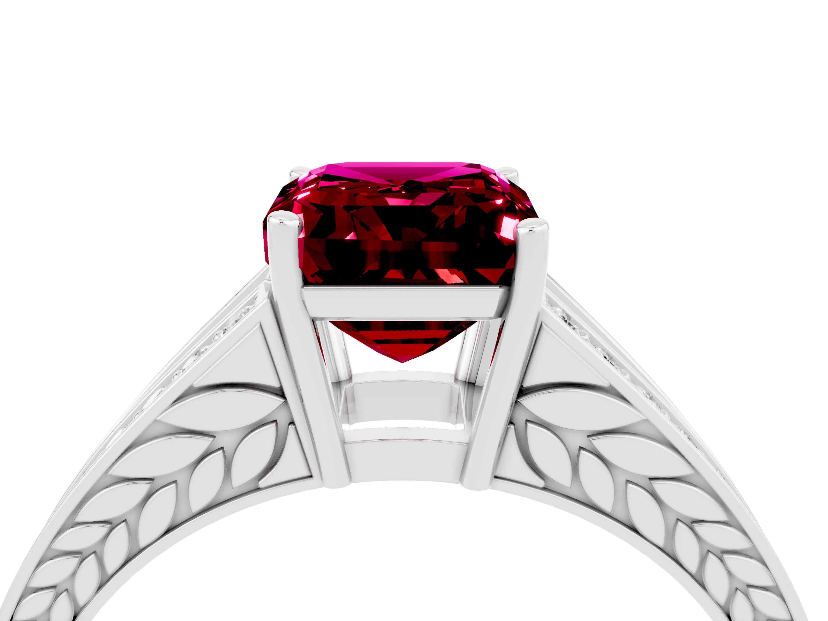 White gold Emerald Cut Garnet Split Shank Ring with Pavé Band and Four-Prong Setting_4