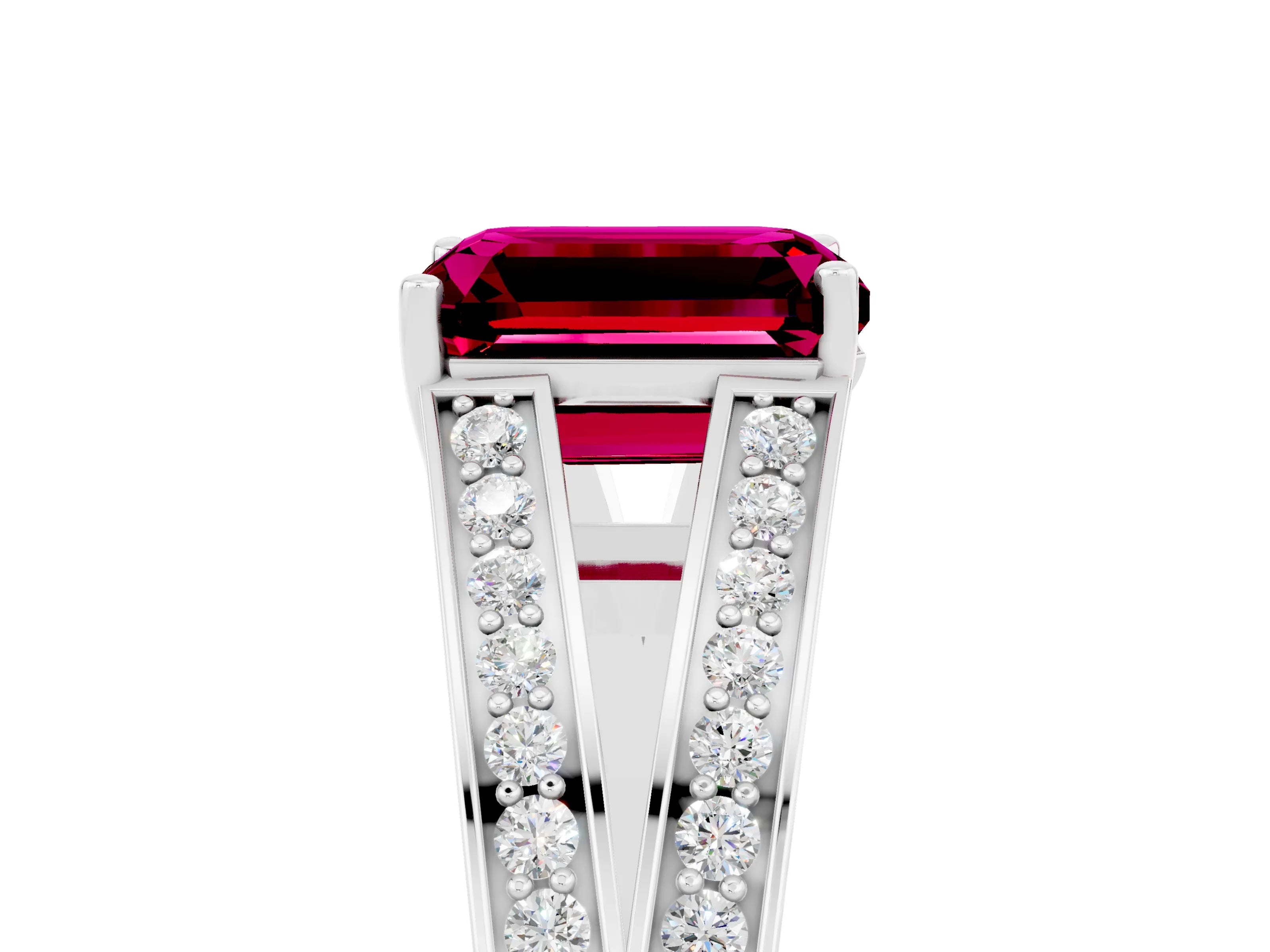 White gold Emerald Cut Garnet Split Shank Ring with Pavé Band and Four-Prong Setting_5
